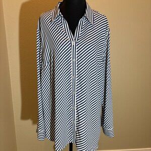 Talbots Blue White Vertical Stripe Button Down Long Sleeve Blouse